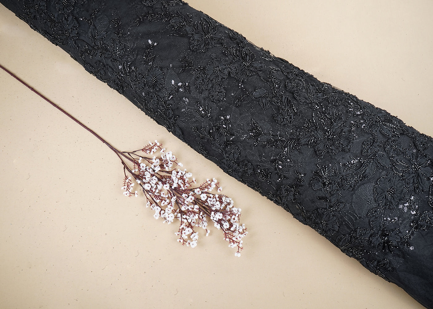 Black Imported Net Fabric With All Over Katdana, Bead, Sequins And Ribbon Work 19420