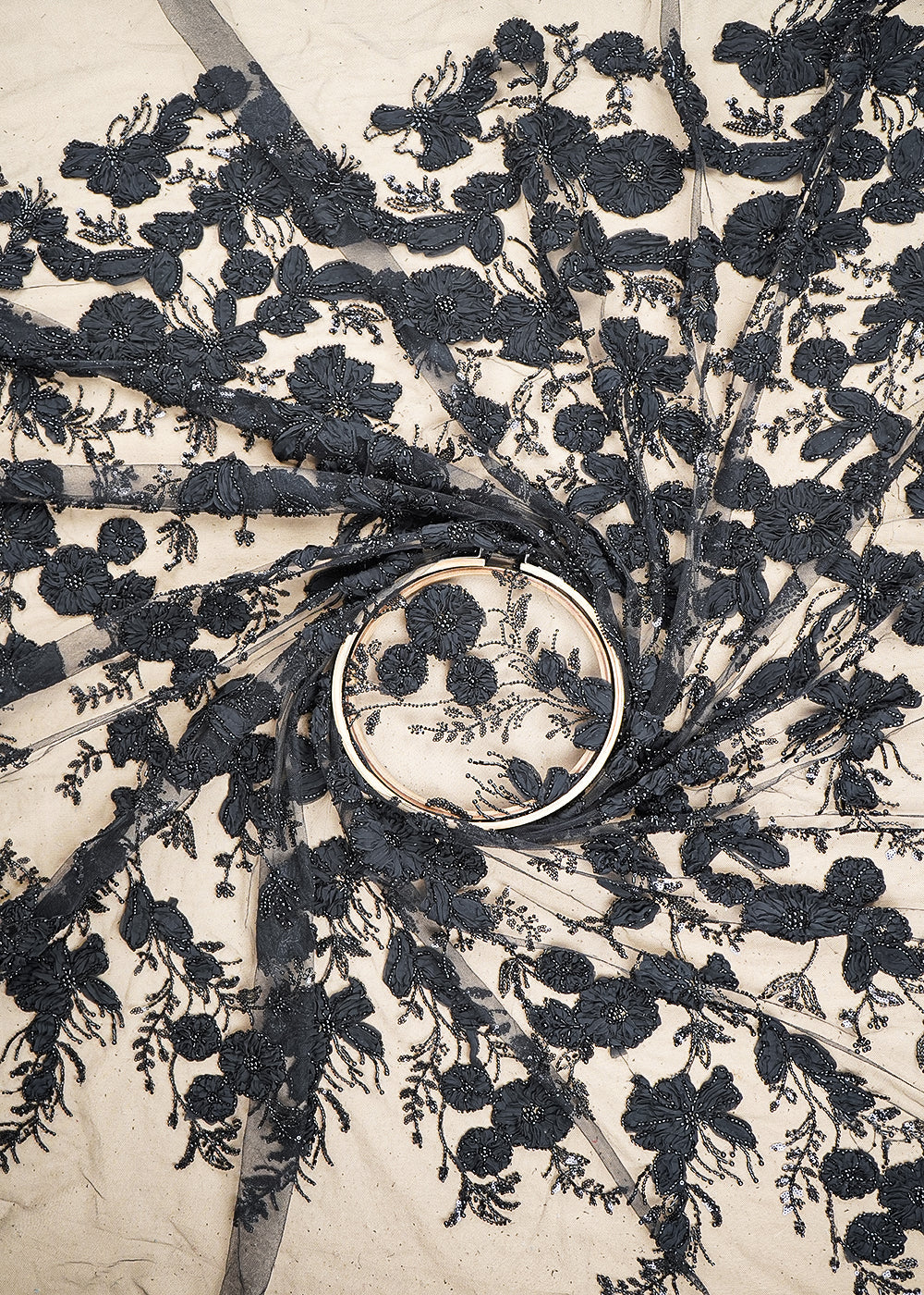 Black Imported Net Fabric With All Over Katdana, Bead, Sequins And Ribbon Work 19420