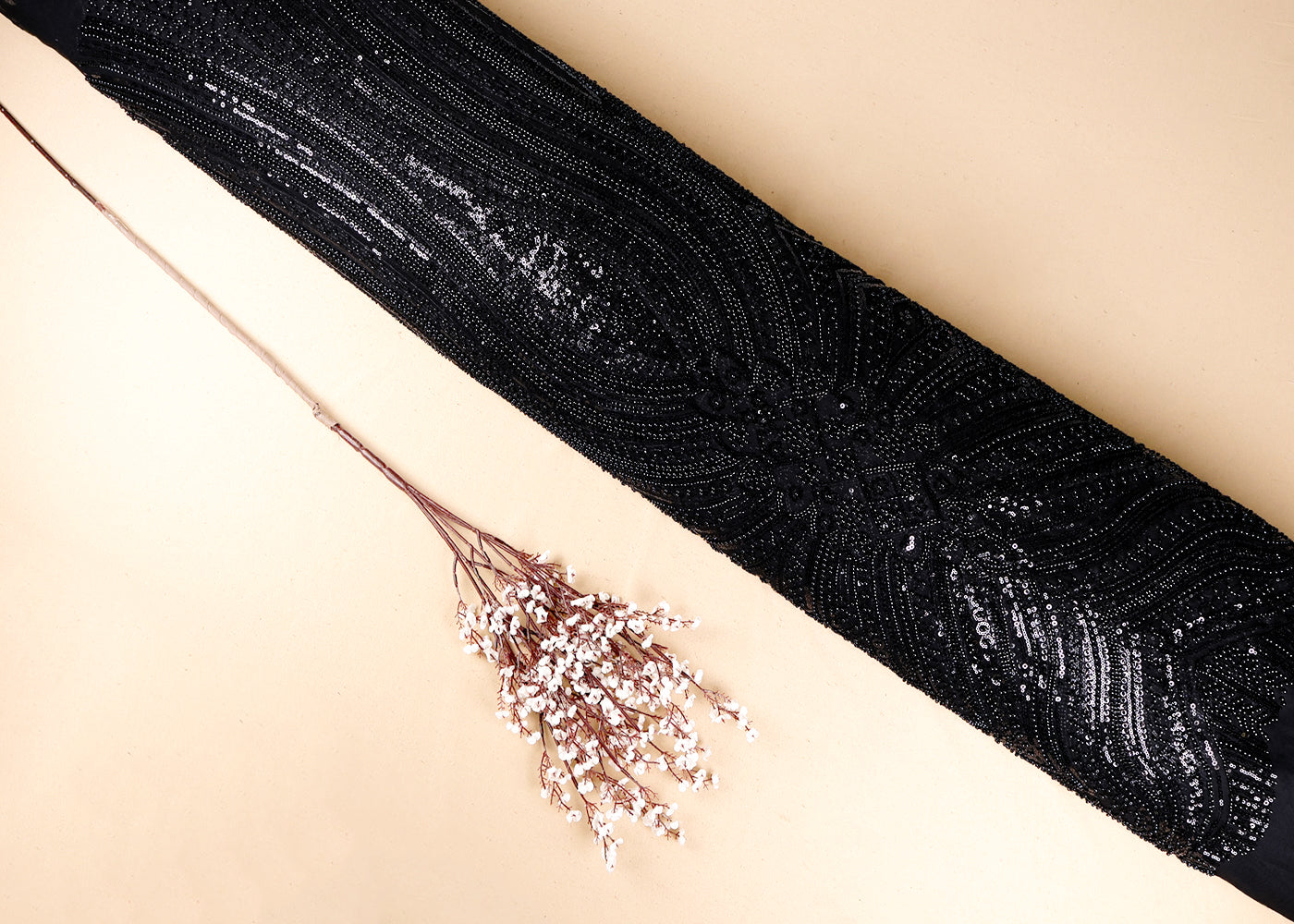 Black Imported Net Fabric With All Over Bead And Sequins Work 19422