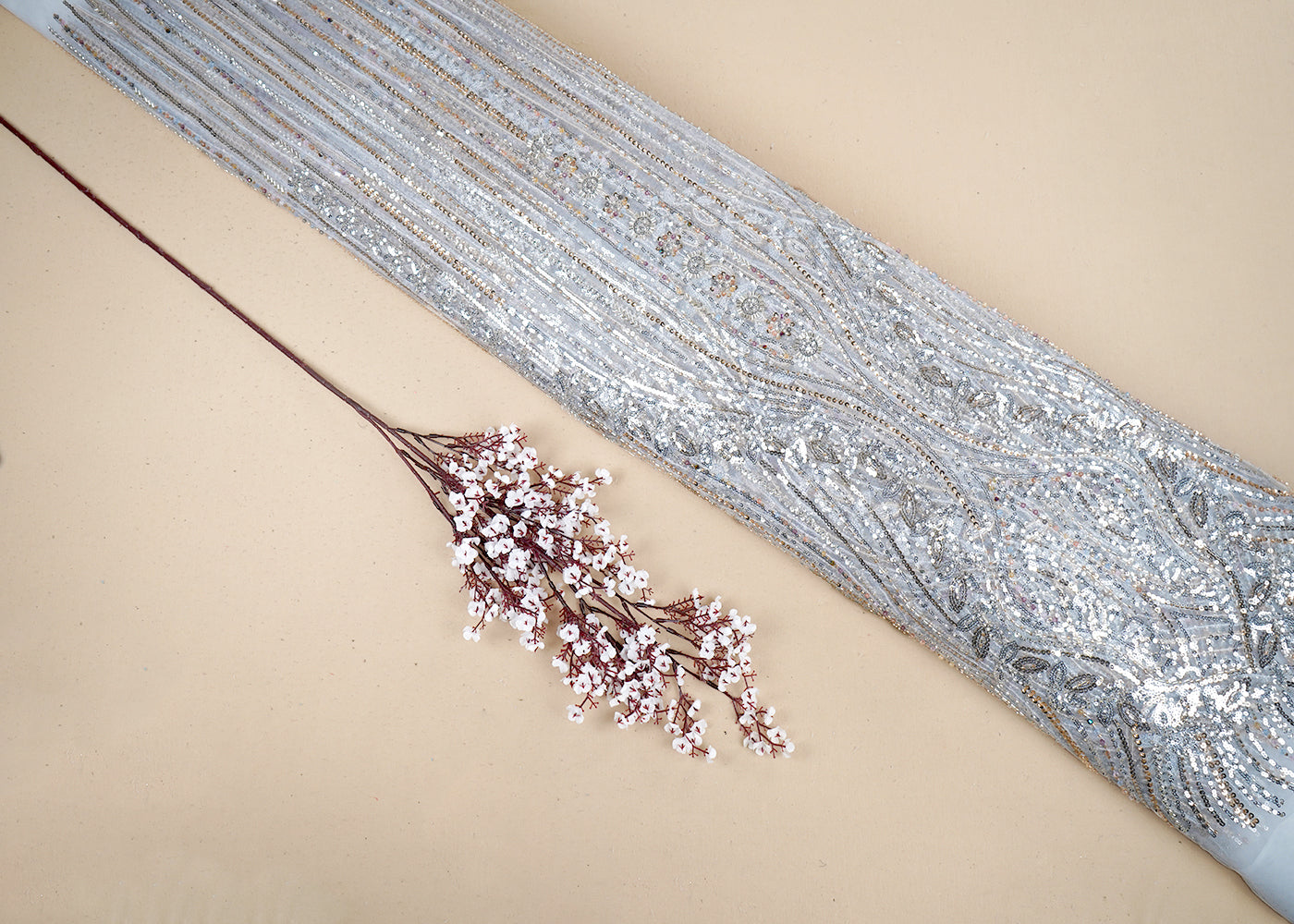 White Imported Net Fabric With All Over Bead And Sequins Work 19424