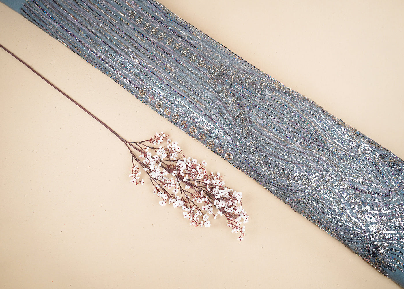 Ice Blue Imported Net Fabric With All Over Bead And Sequins Work 19426