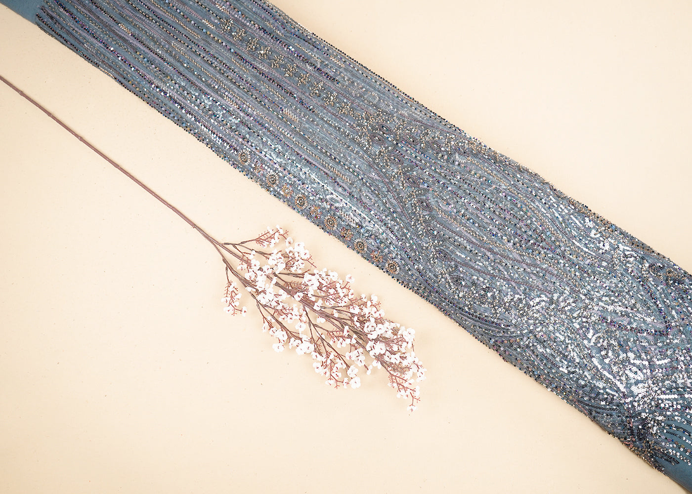 Ice Blue Imported Net Fabric With All Over Bead And Sequins Work 19426