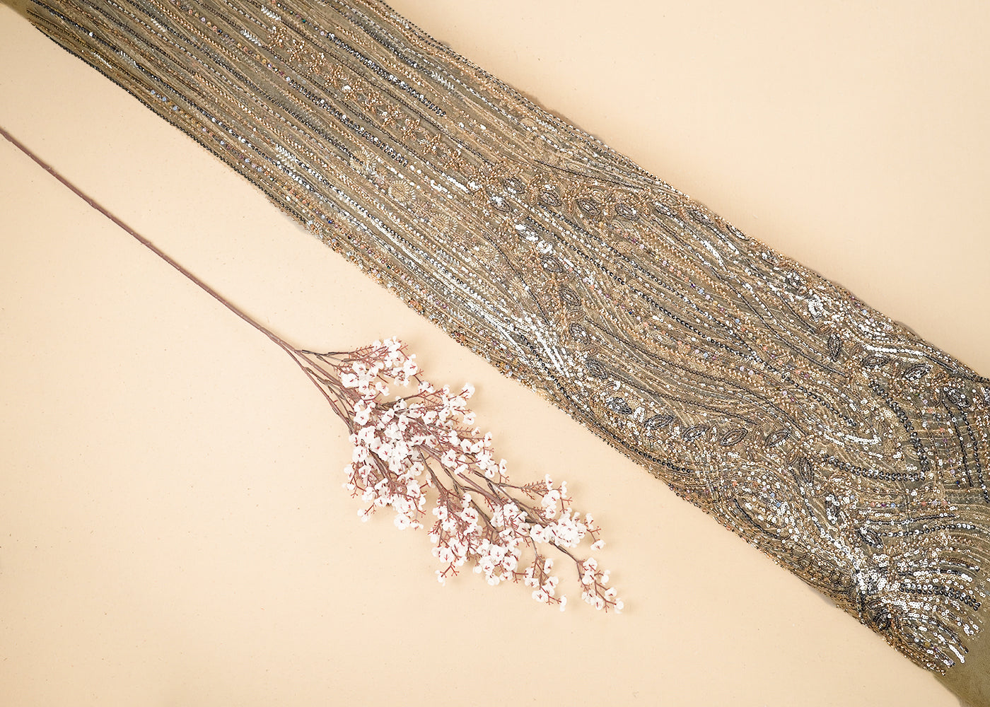 Gold Imported Net Fabric With All Over Bead And Sequins Work 19427