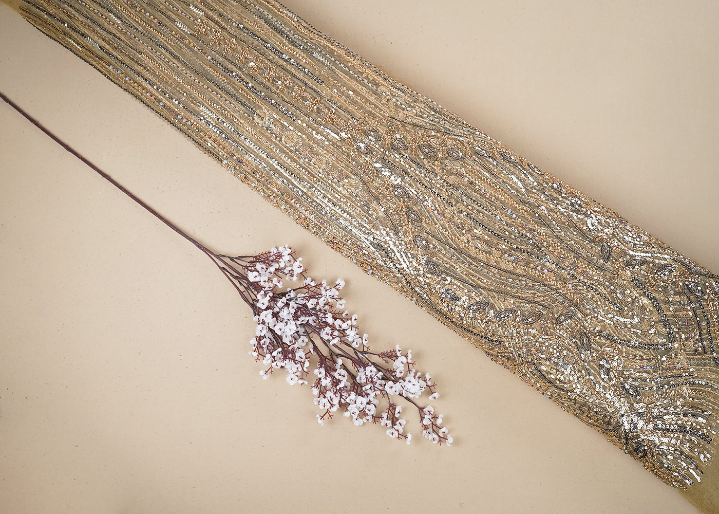 Gold Imported Net Fabric With All Over Bead And Sequins Work 19427