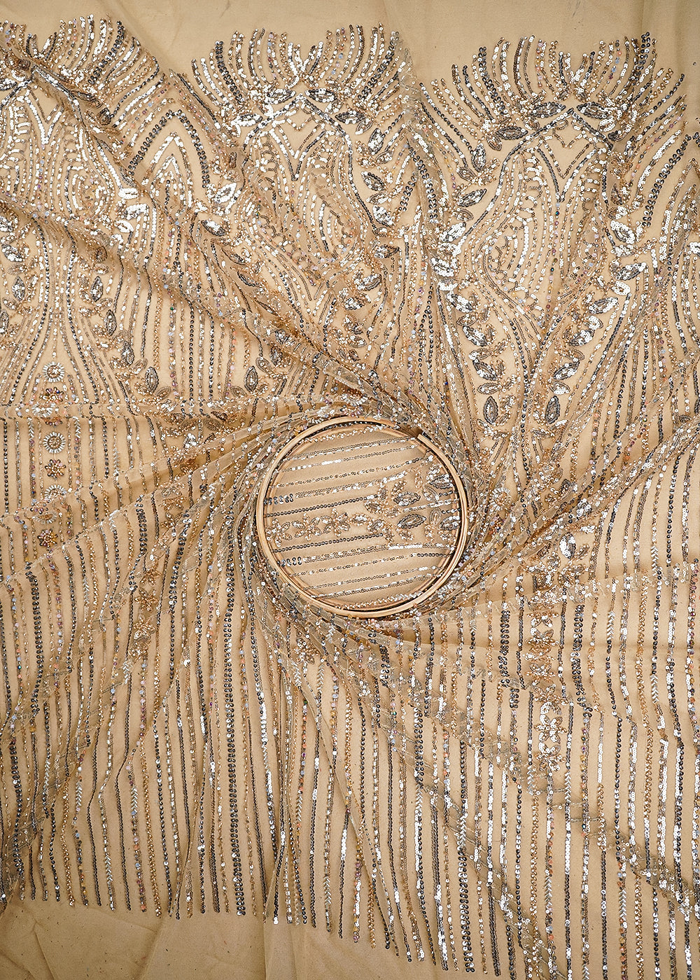 Gold Imported Net Fabric With All Over Bead And Sequins Work 19427