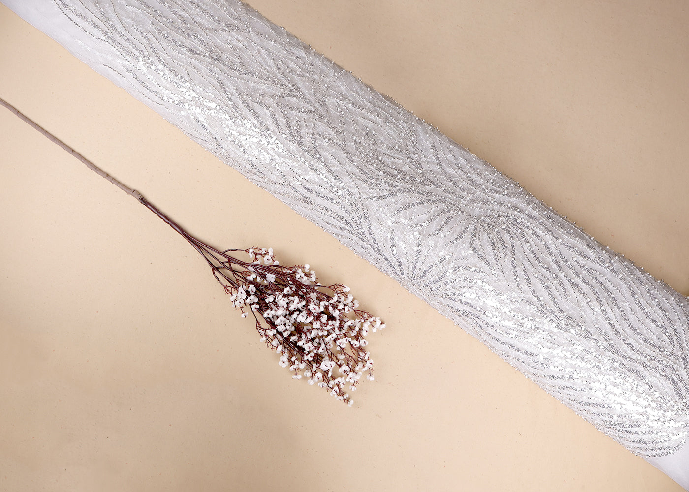 White Imported Net Fabric With All Over Bead And Sequins Work 19428
