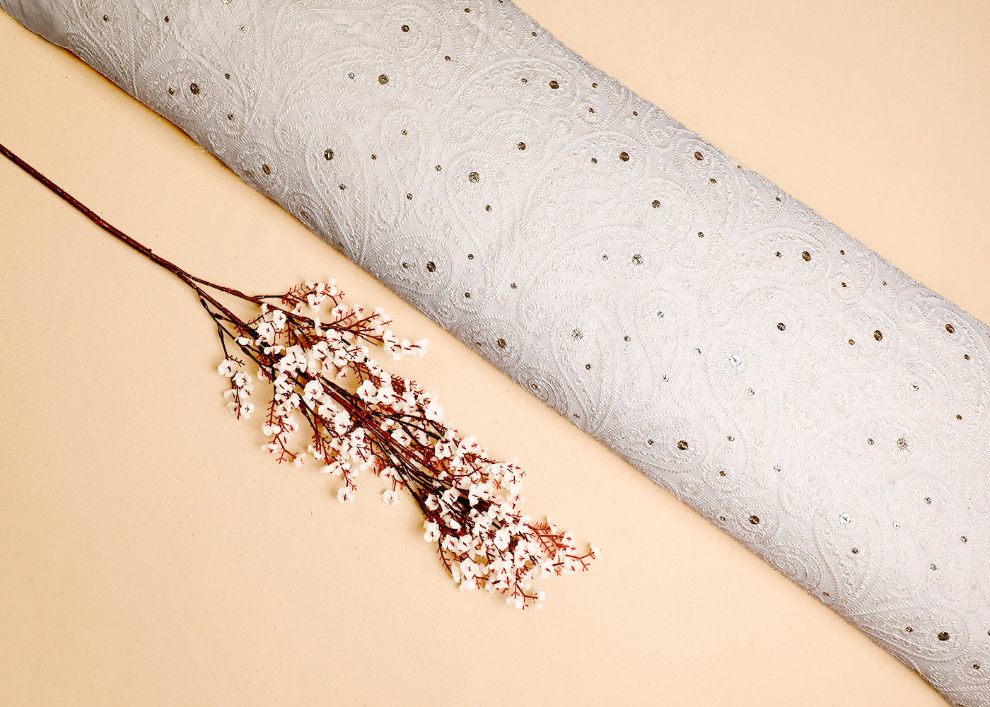 White Georgette Fabric With All Over Thread And Sequins Work 19429