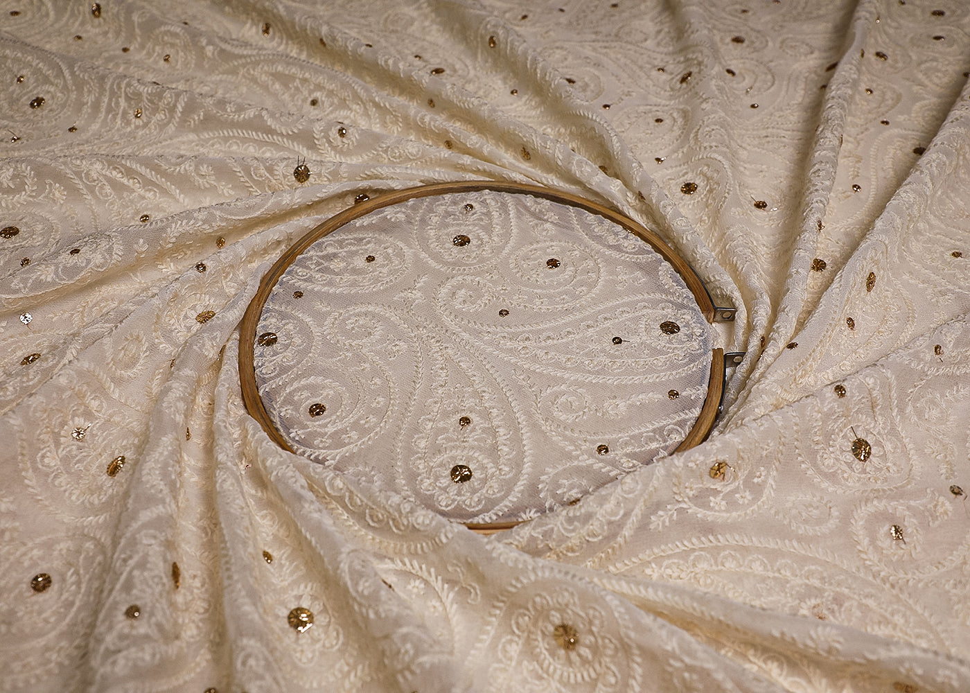 White Georgette Fabric With All Over Thread And Sequins Work 19429