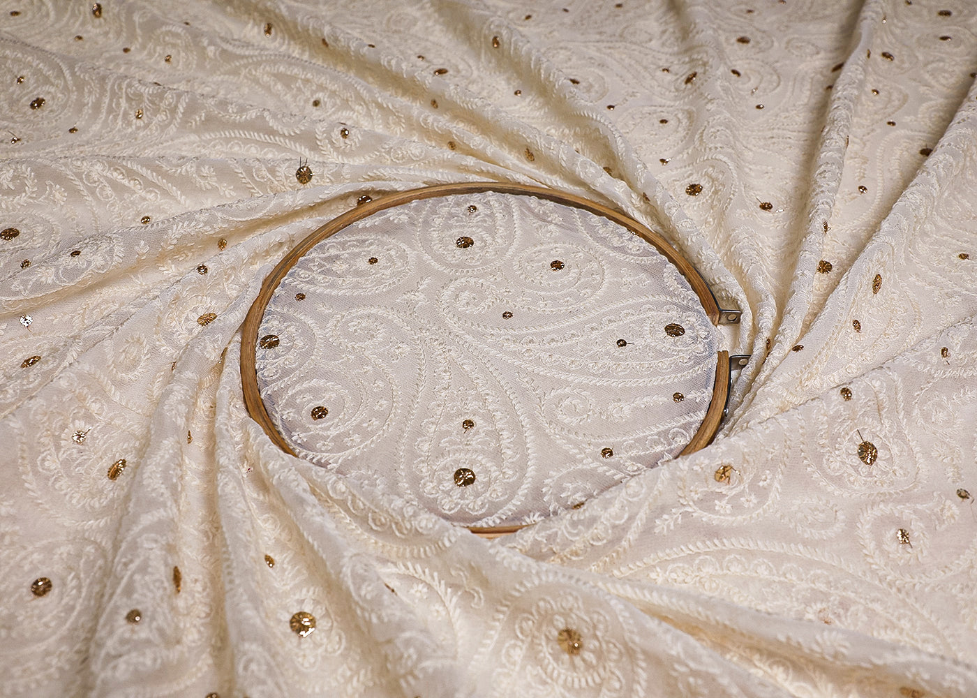 White Georgette Fabric With All Over Thread And Sequins Work 19429