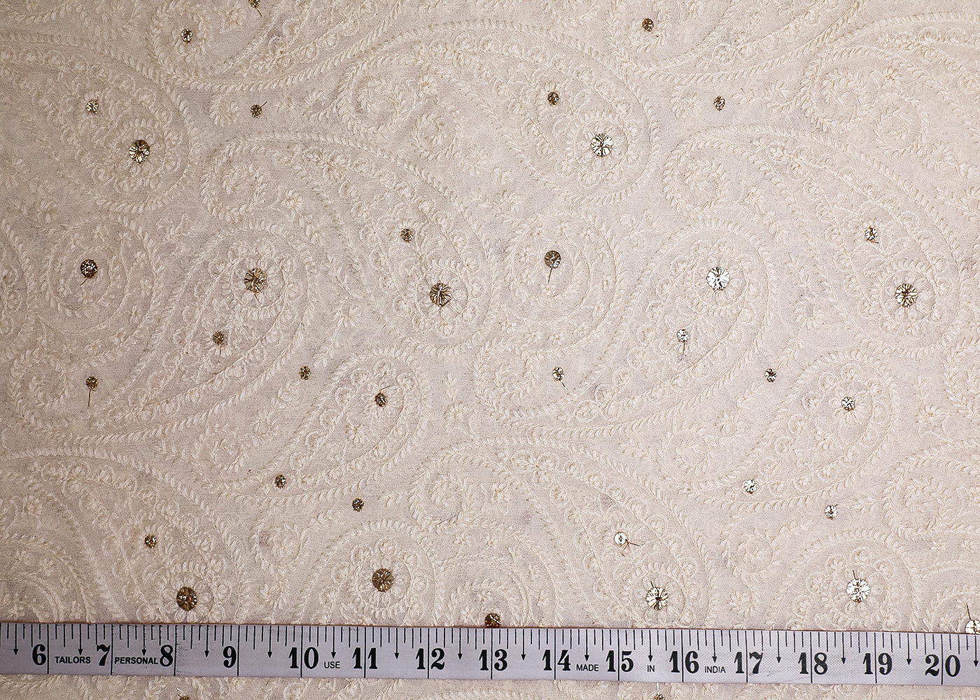 White Georgette Fabric With All Over Thread And Sequins Work 19429