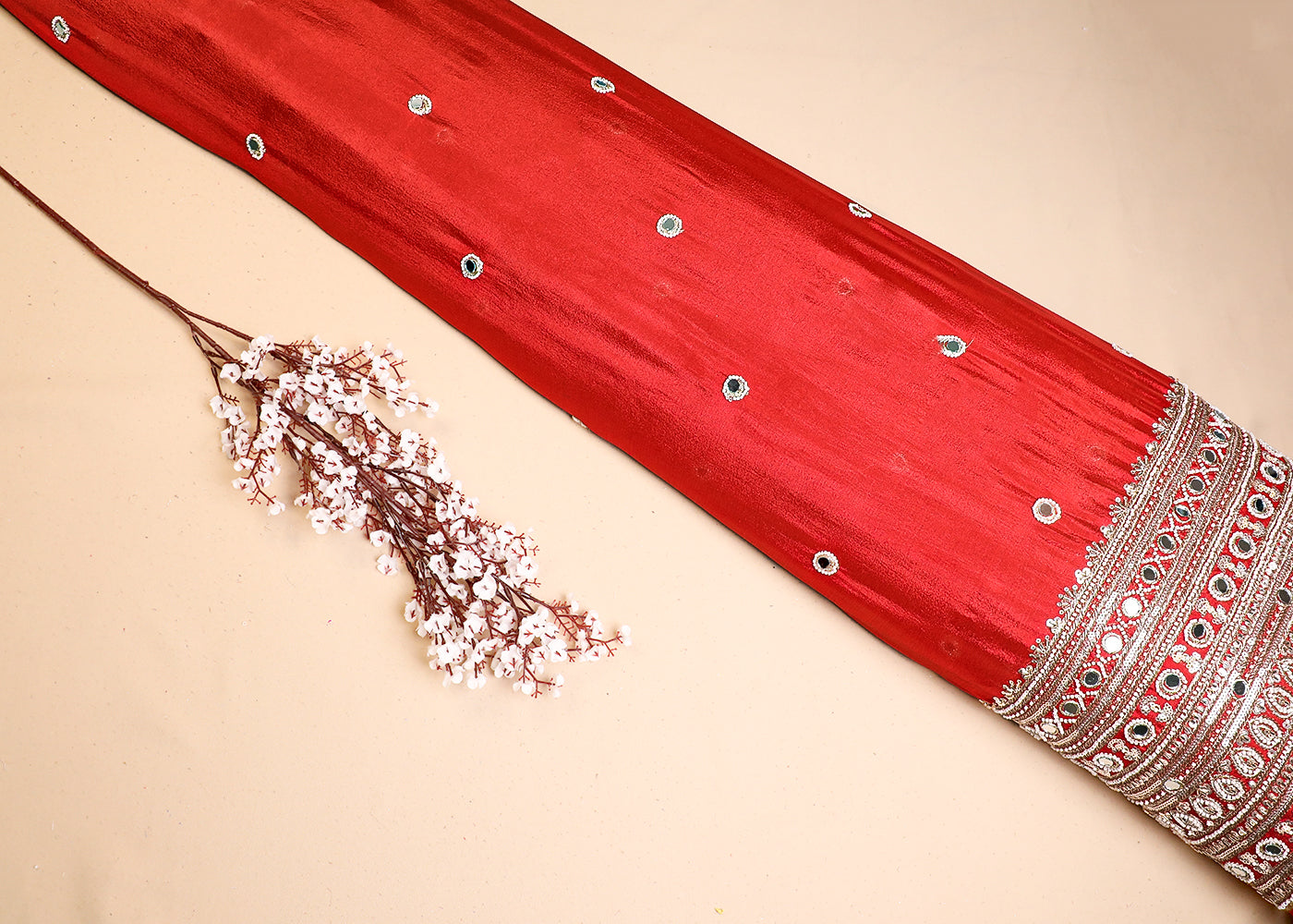 Red Chinon Chiffon Fabric With All Over Mirror, Zari, Katdana And Bead Work With One Side Border 19430
