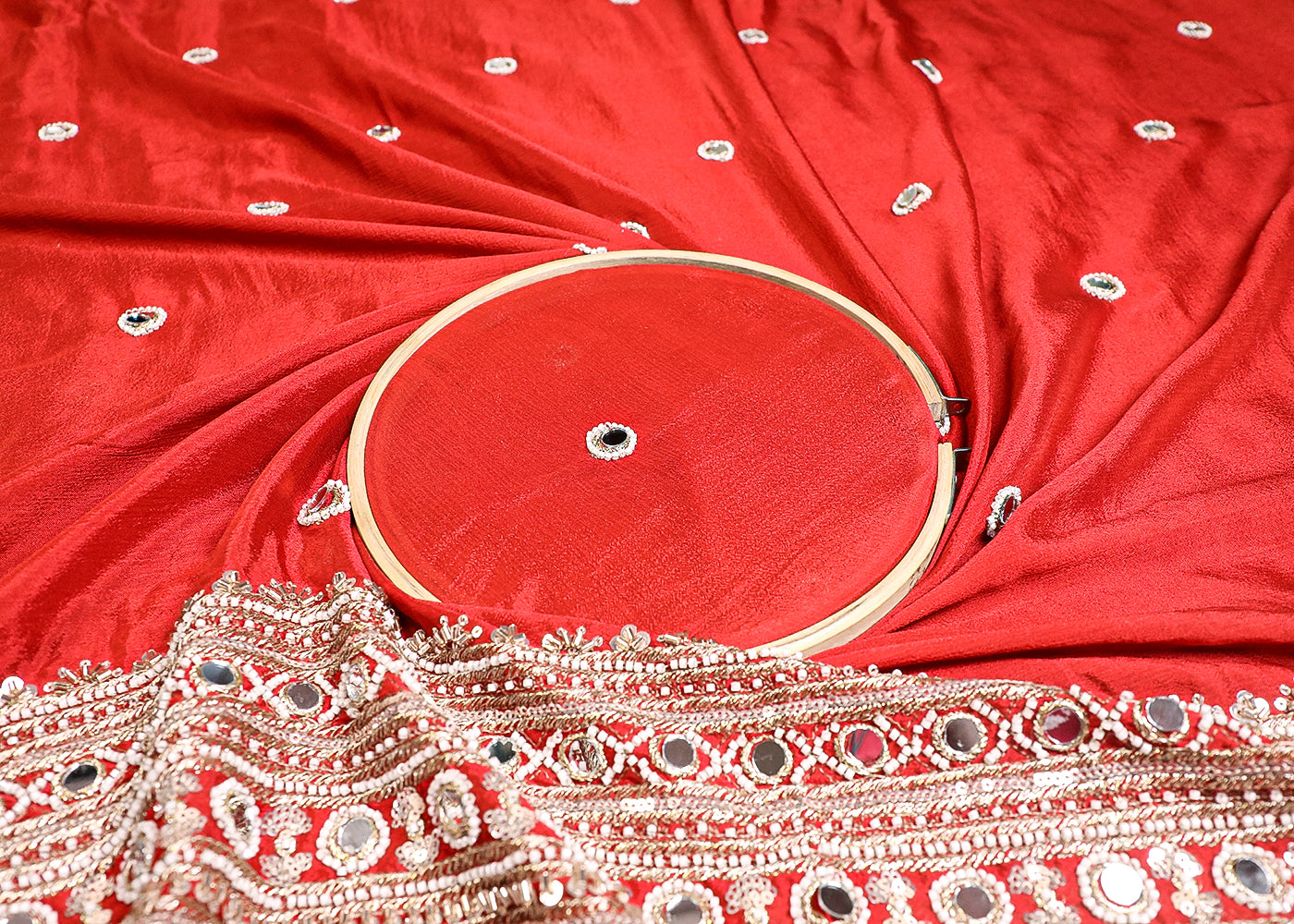 Red Chinon Chiffon Fabric With All Over Mirror, Zari, Katdana And Bead Work With One Side Border 19430