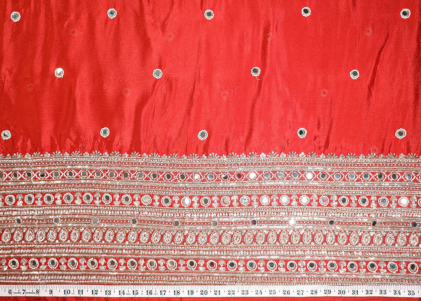 Red Chinon Chiffon Fabric With All Over Mirror, Zari, Katdana And Bead Work With One Side Border 19430