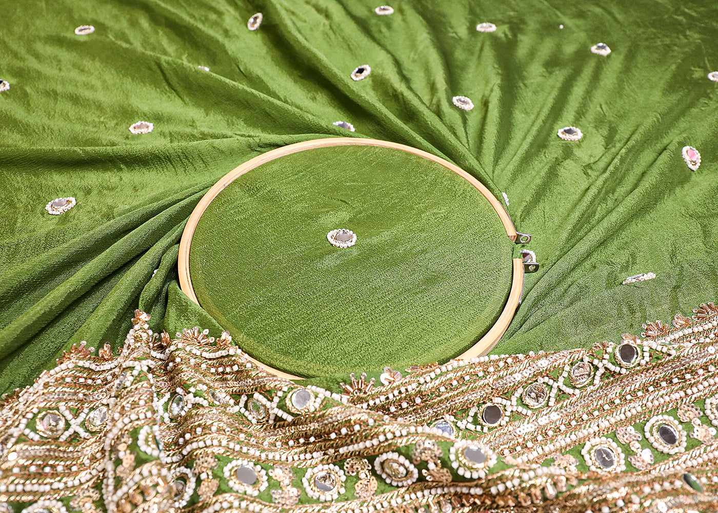 Mehendi Green Chinon Chiffon Fabric With All Over Mirror, Zari, Katdana And Bead Work With One Side Border 19431