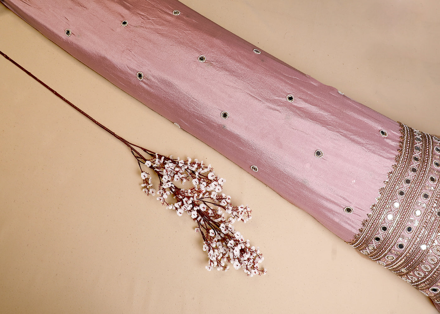 Light Pink Chinon Chiffon Fabric With All Over Mirror, Zari, Katdana And Bead Work With One Side Border 19432