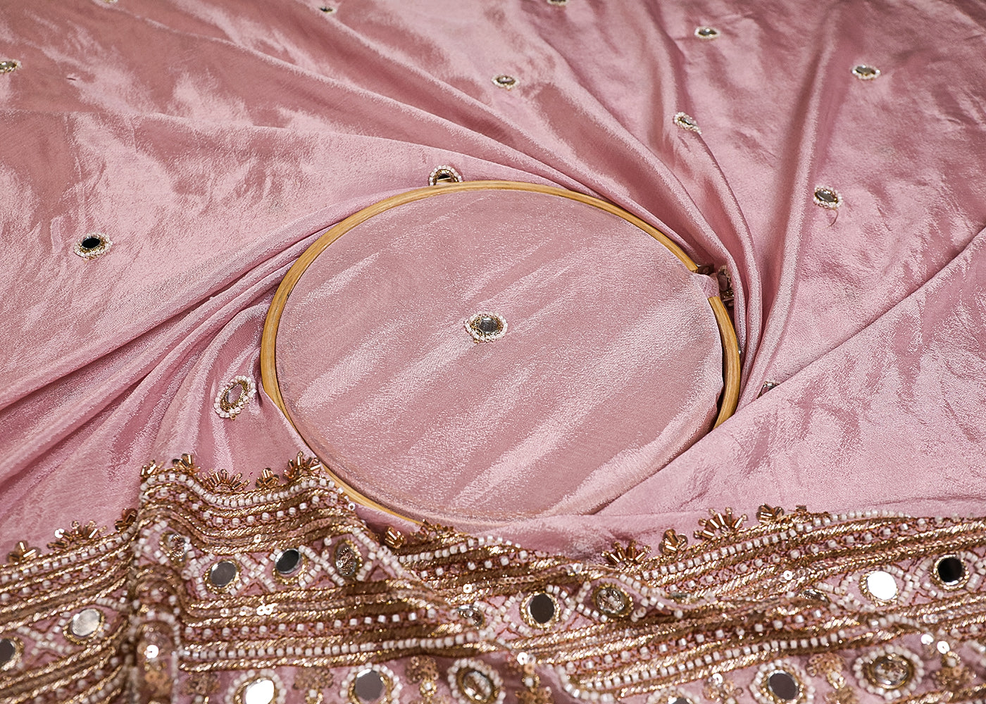 Light Pink Chinon Chiffon Fabric With All Over Mirror, Zari, Katdana And Bead Work With One Side Border 19432
