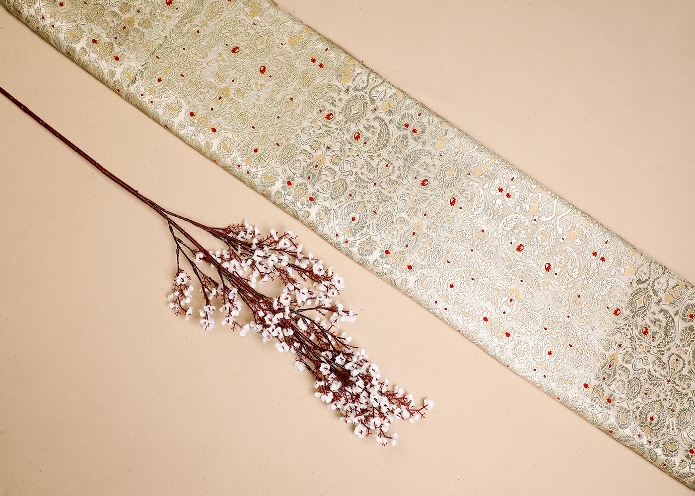 Light Gold Banarasi Brocade Fabric With All Over Thread And Zari Handloom 19445
