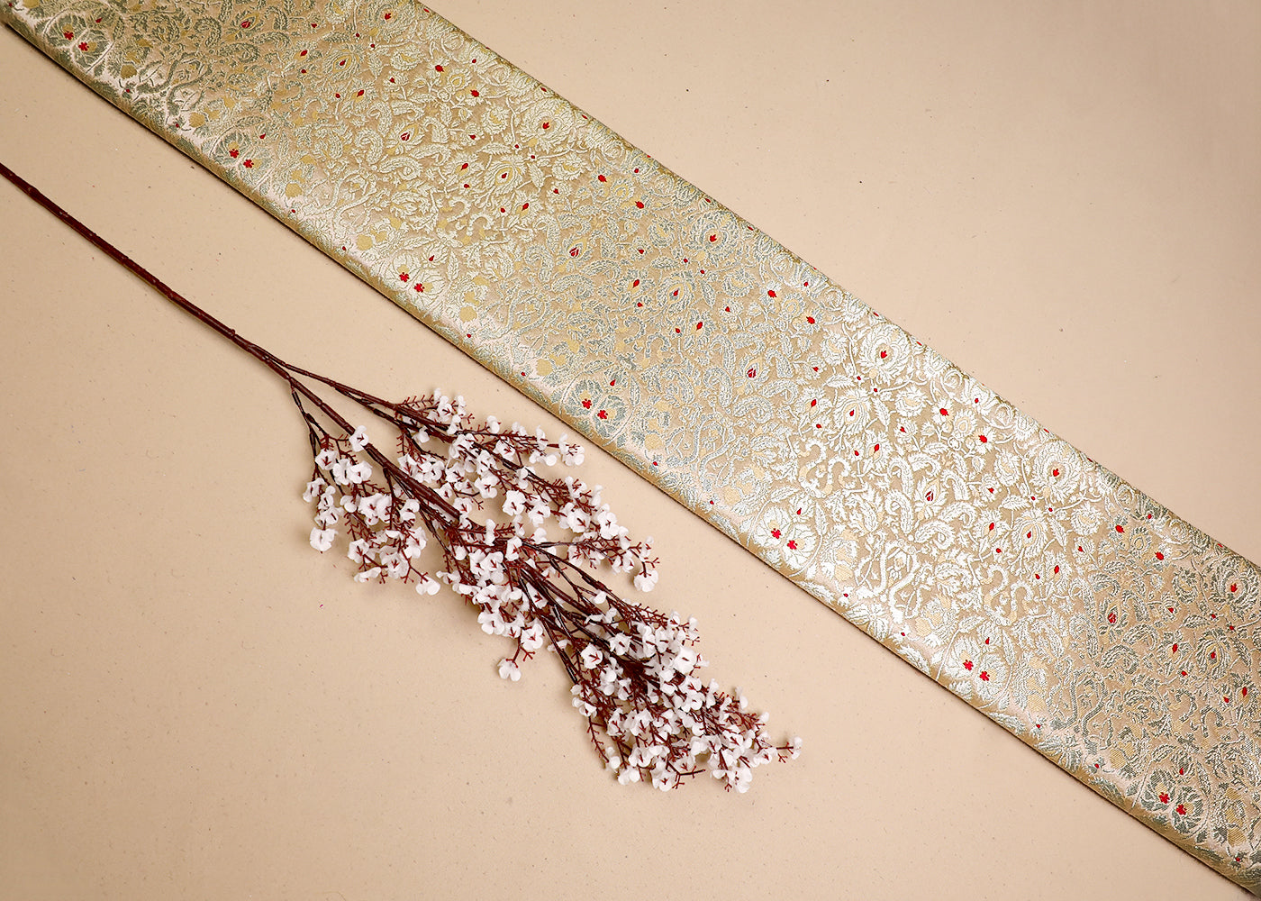 Beige Banarasi Brocade Fabric With All Over Thread And Zari Handloom 19446