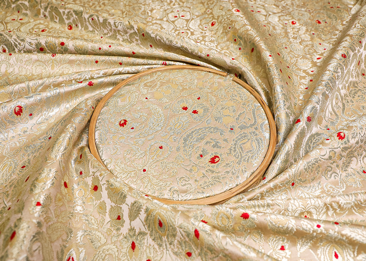 Beige Banarasi Brocade Fabric With All Over Thread And Zari Handloom 19446