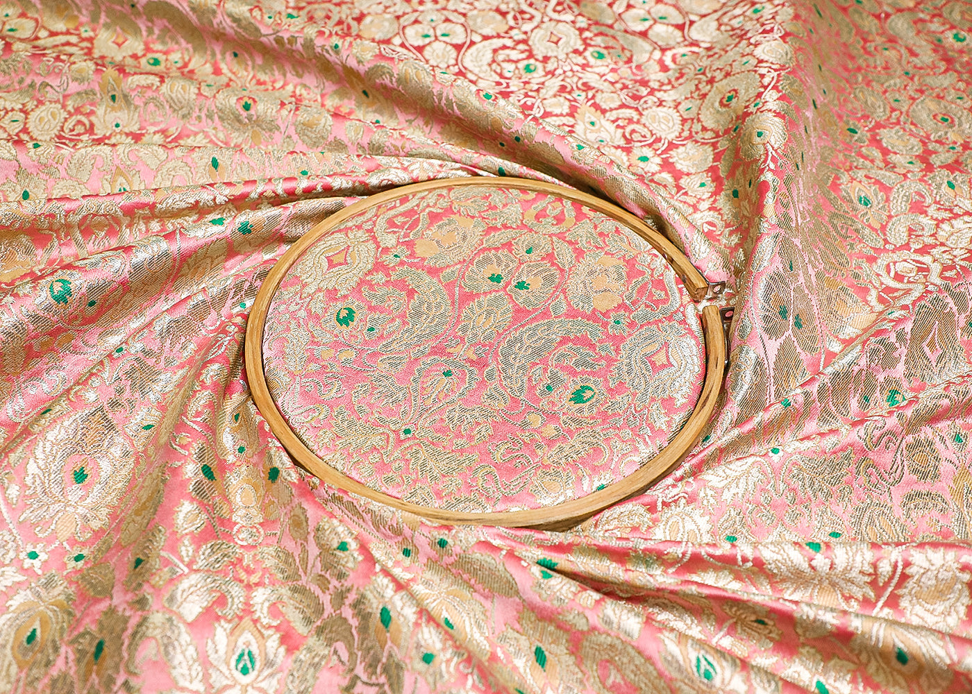 Red Banarasi Brocade Fabric With All Over Thread And Golden Zari Handloom 19447