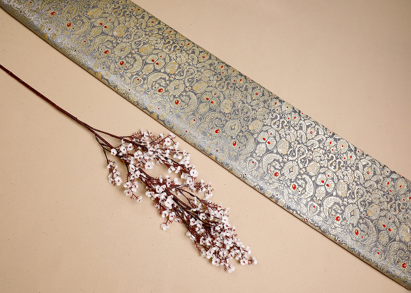 Grey Banarasi Brocade Fabric With All Over Thread And Zari Handloom 19448