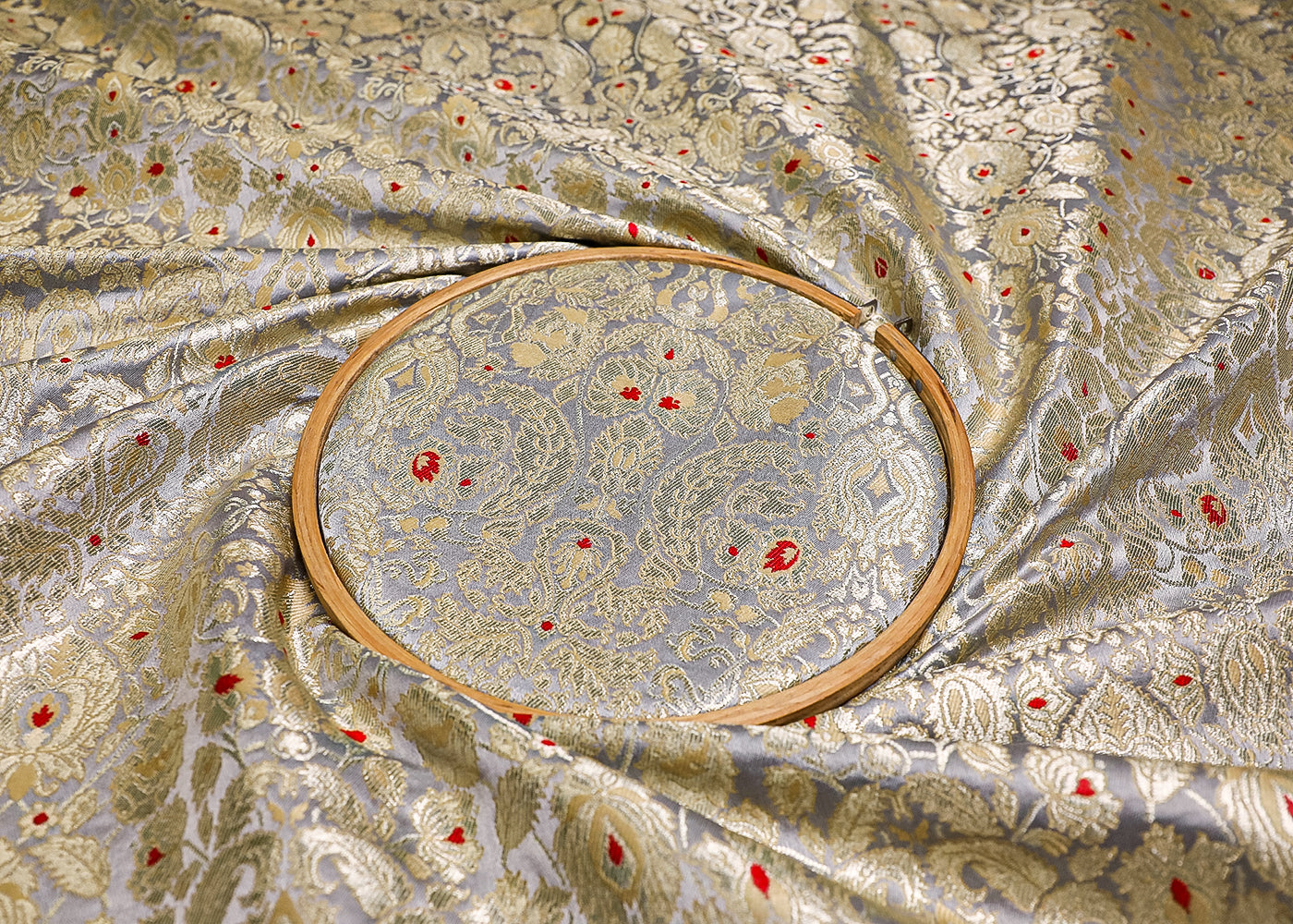 Grey Banarasi Brocade Fabric With All Over Thread And Zari Handloom 19448