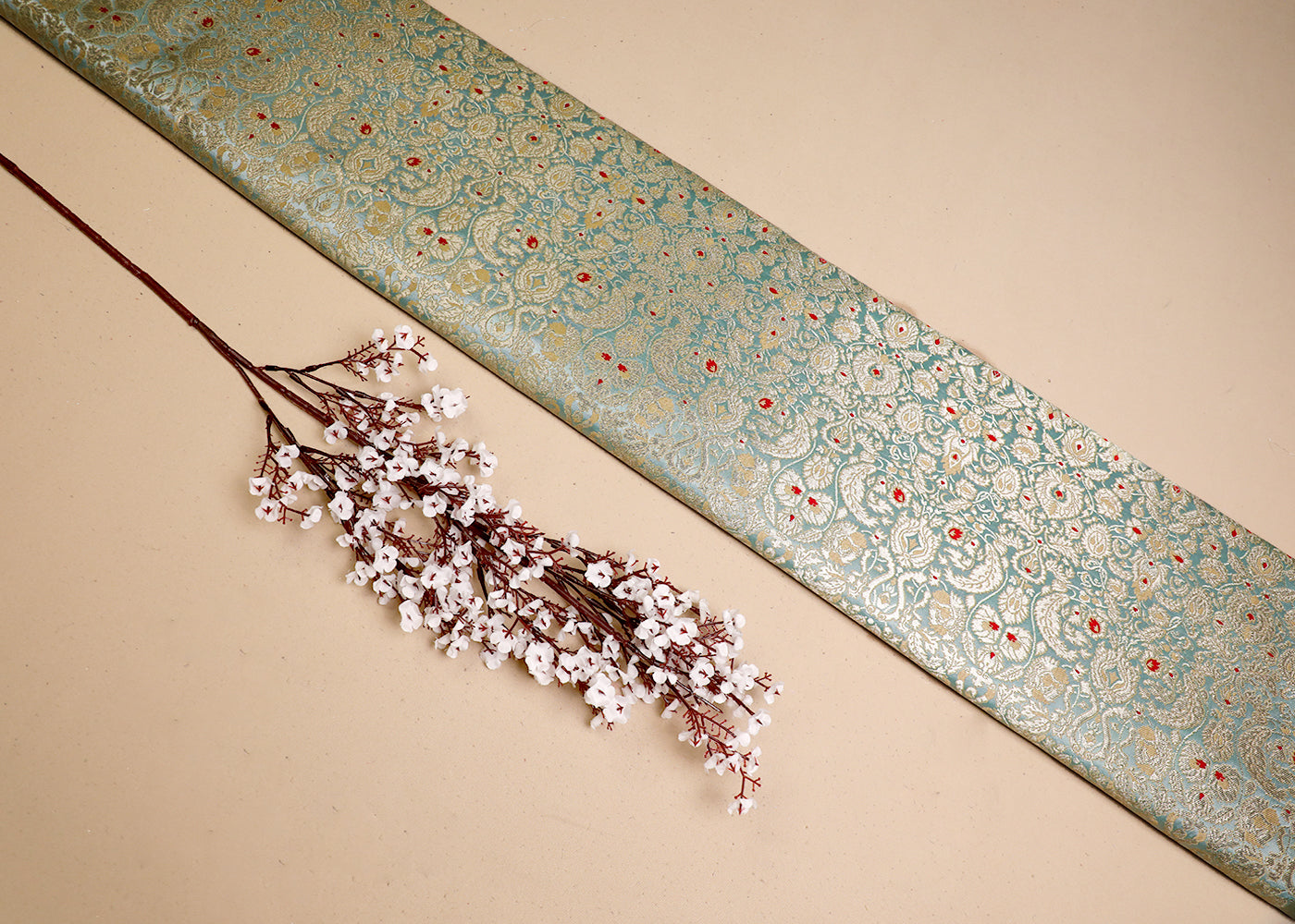 Mint Green Banarasi Brocade Fabric With All Over Thread And Zari Handloom 19449