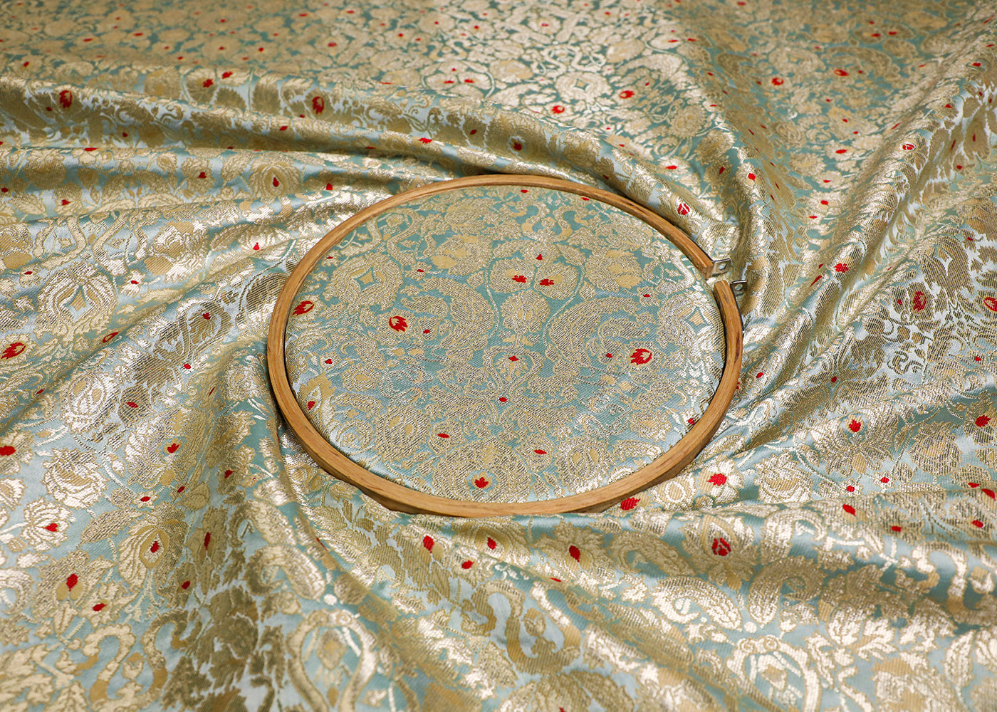 Mint Green Banarasi Brocade Fabric With All Over Thread And Zari Handloom 19449