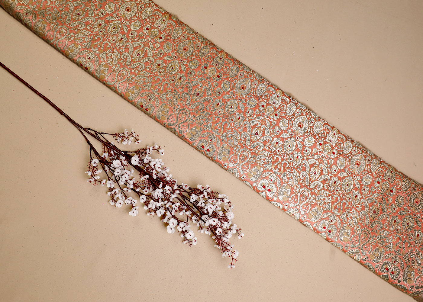 Peach Banarasi Brocade Fabric With All Over Thread And Zari Handloom 19450