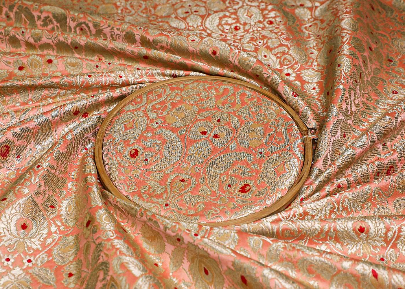 Peach Banarasi Brocade Fabric With All Over Thread And Zari Handloom 19450