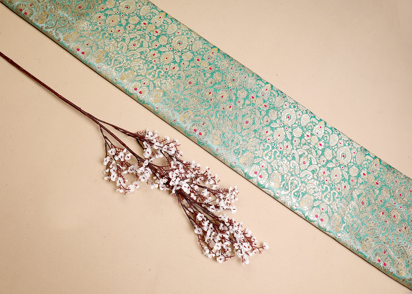 Sea Green Banarasi Brocade Fabric With All Over Thread And Zari Handloom 19451