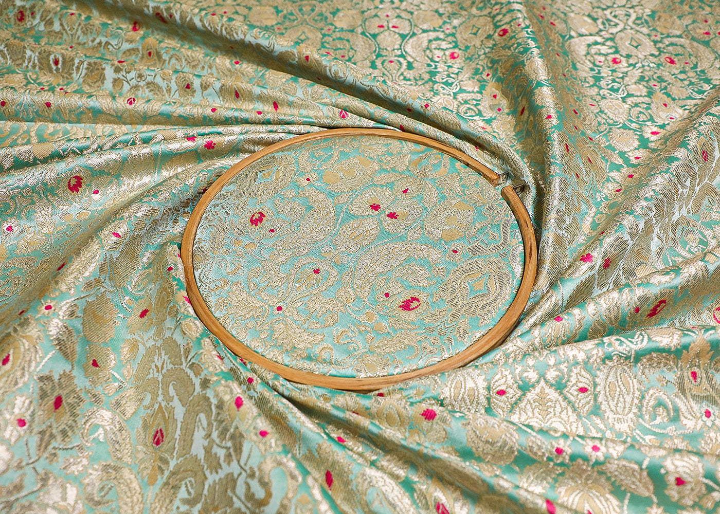 Sea Green Banarasi Brocade Fabric With All Over Thread And Zari Handloom 19451
