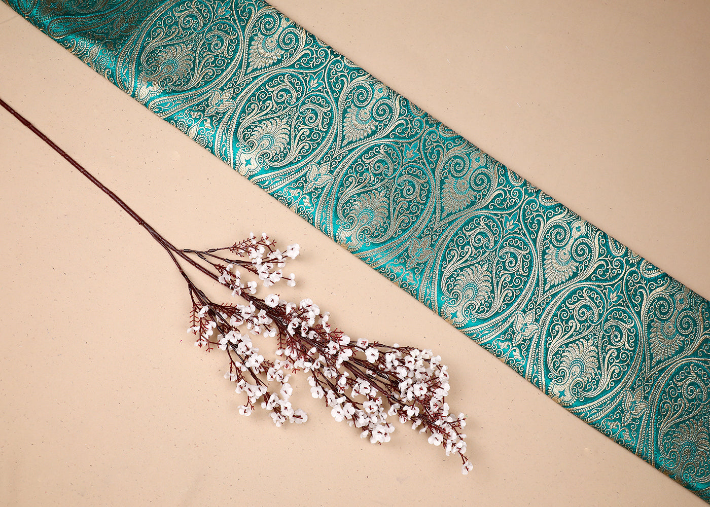 Teal Green Banarasi Brocade Fabric With All Over Golden Zari Handloom 19452