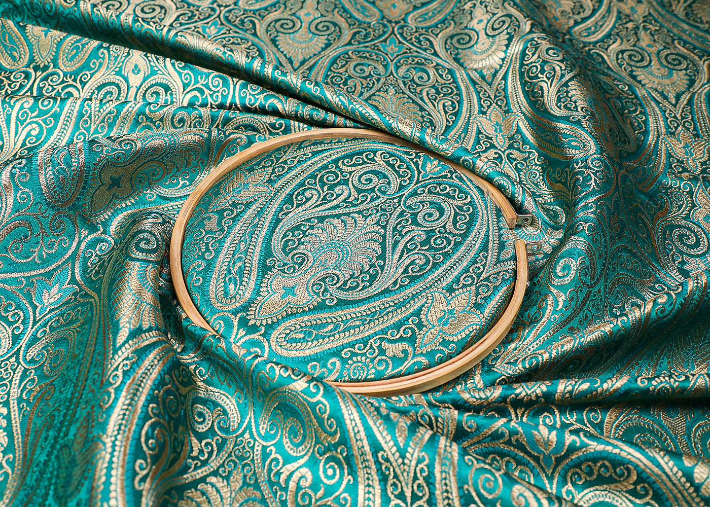 Teal Green Banarasi Brocade Fabric With All Over Golden Zari Handloom 19452