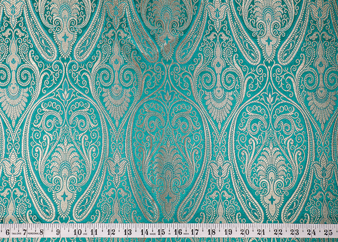 Teal Green Banarasi Brocade Fabric With All Over Golden Zari Handloom 19452