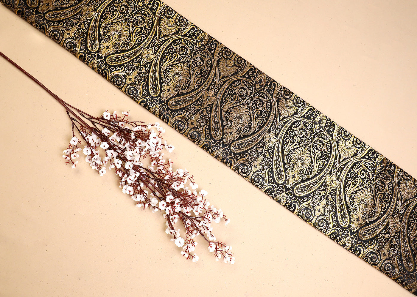 Black Banarasi Brocade Fabric With All Over Golden Zari Handloom 19455