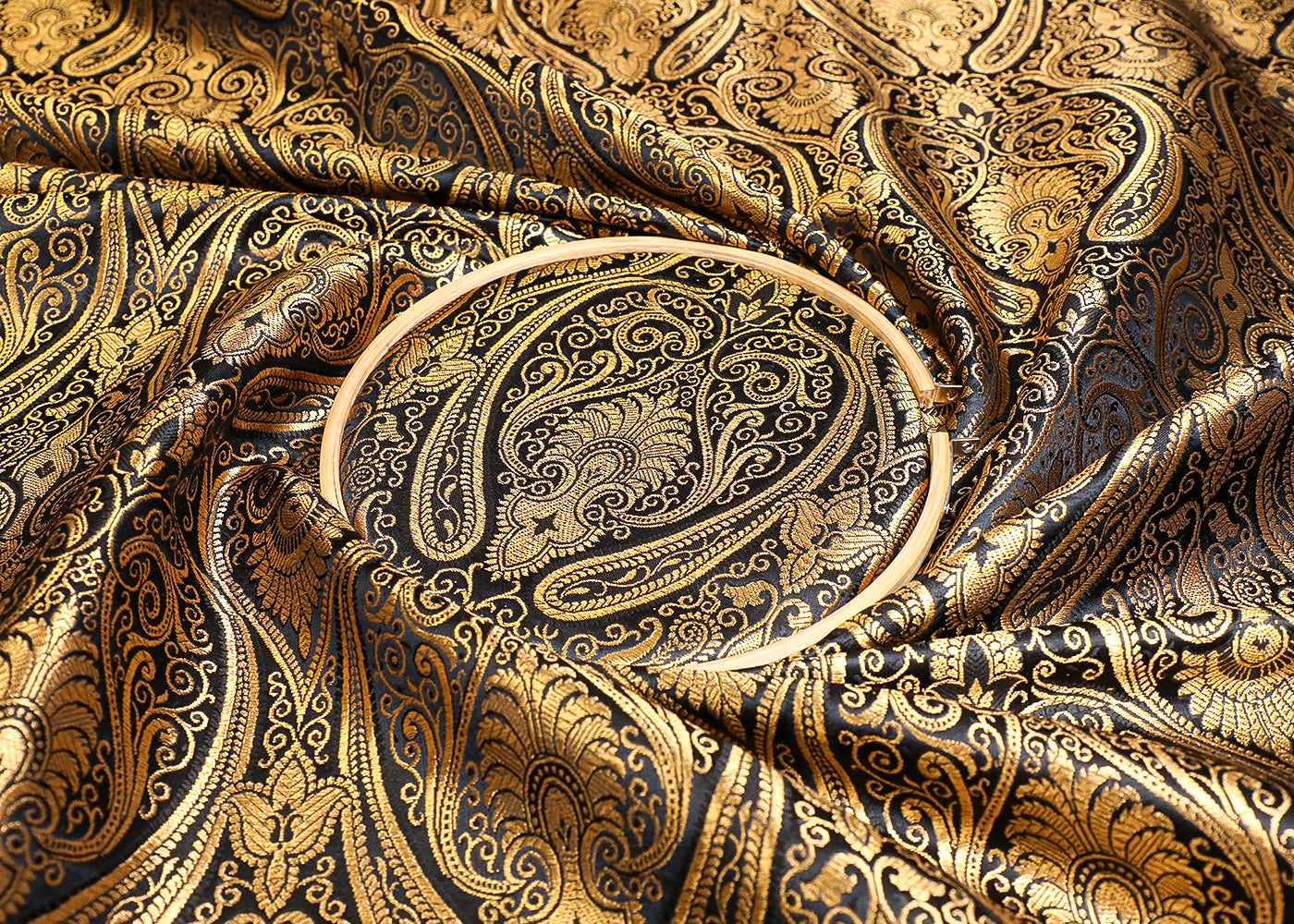 Black Banarasi Brocade Fabric With All Over Golden Zari Handloom 19455