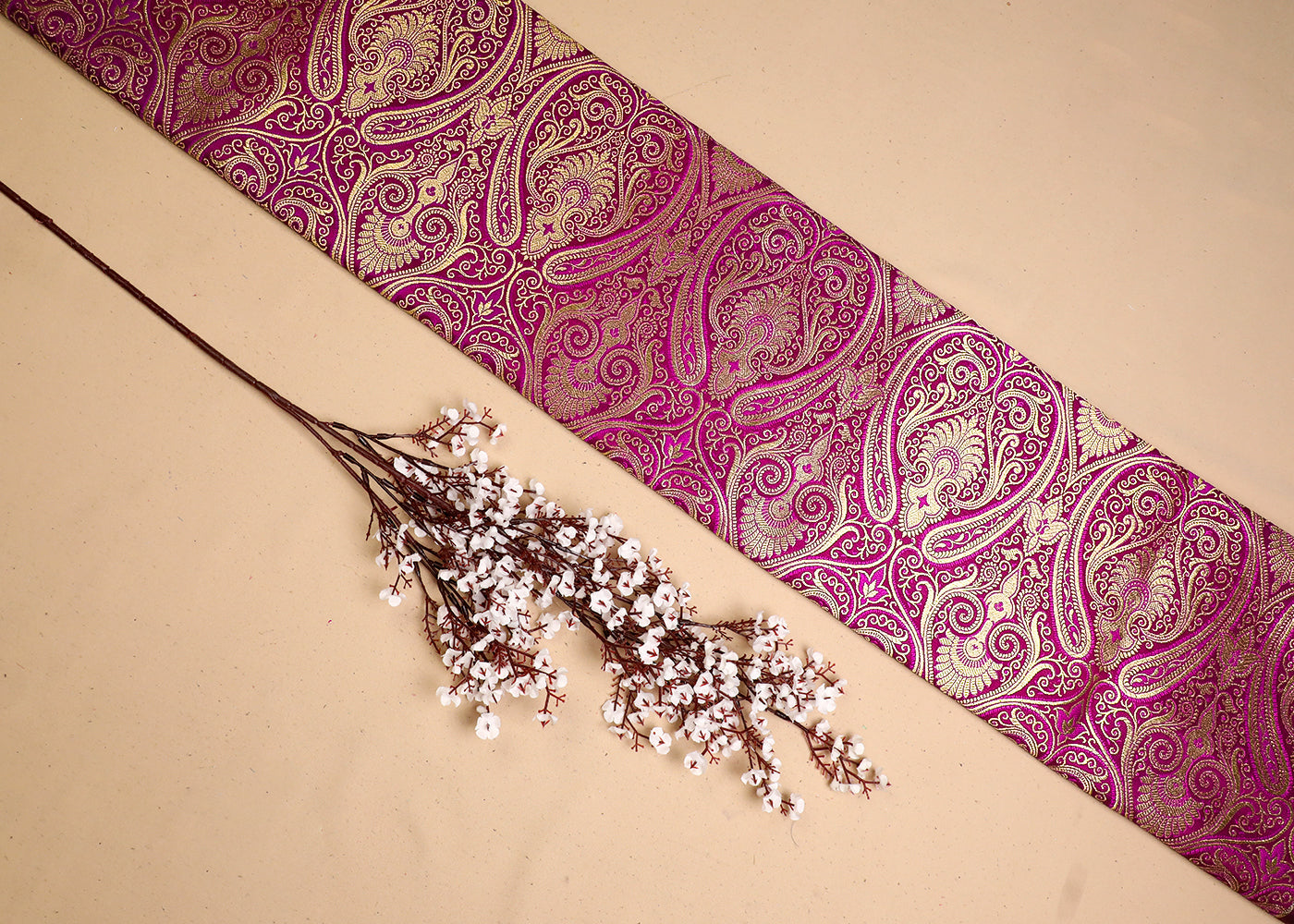Purple Banarasi Brocade Fabric With All Over Golden Zari Handloom 19456