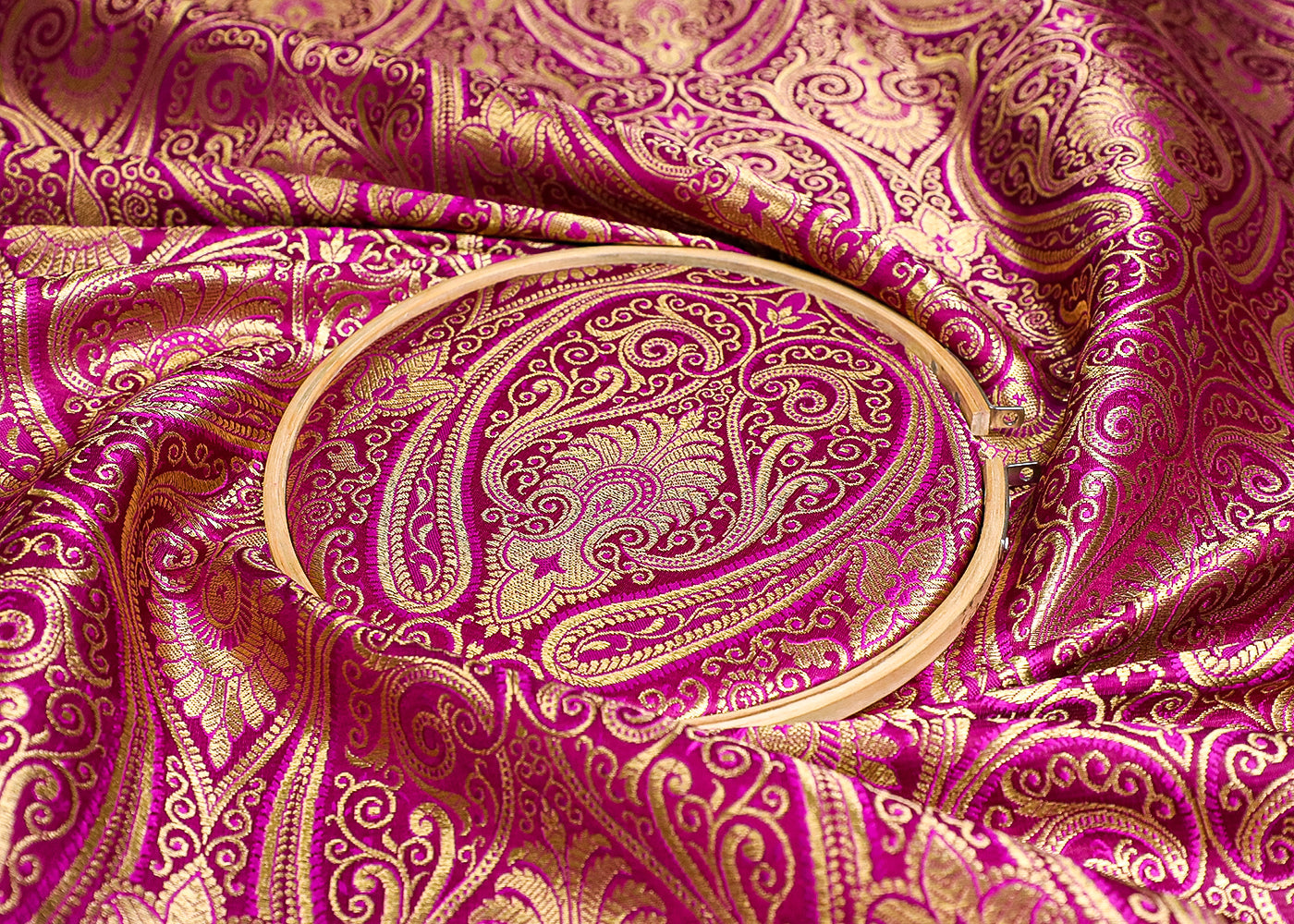 Purple Banarasi Brocade Fabric With All Over Golden Zari Handloom 19456