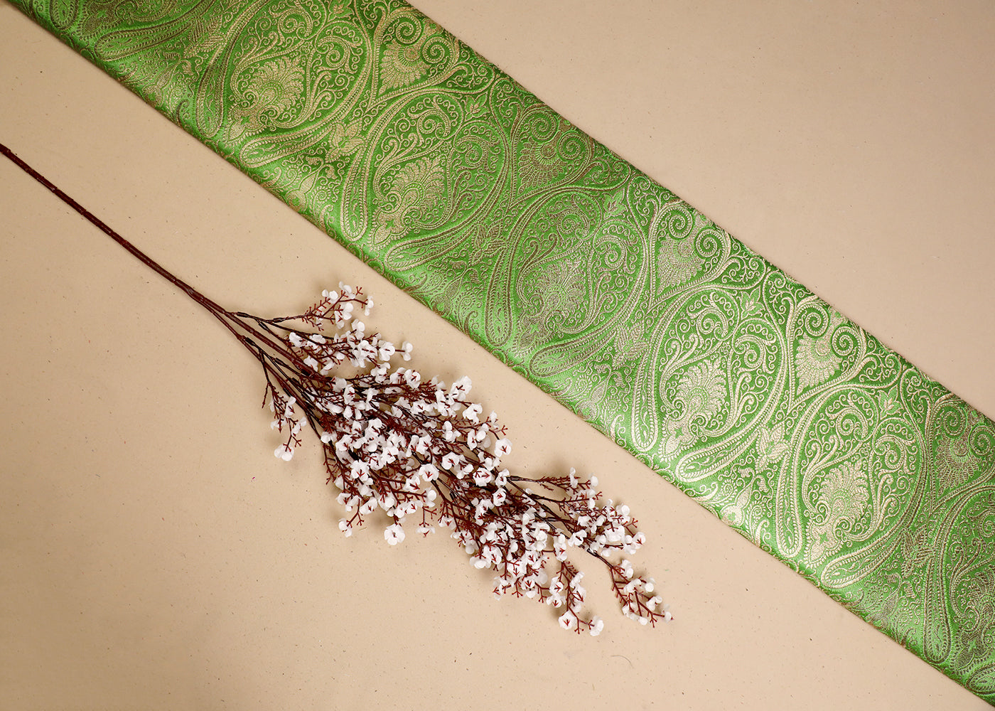 Light Green Banarasi Brocade Fabric With All Over Golden Zari Handloom 19457
