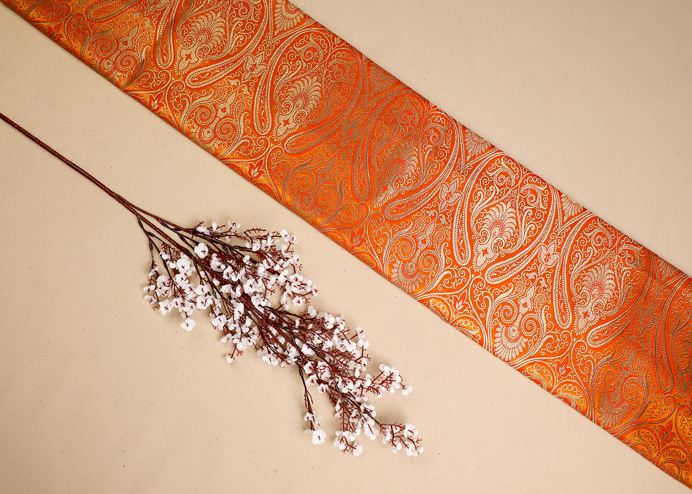Orange Banarasi Brocade Fabric With All Over Golden Zari Handloom 19458