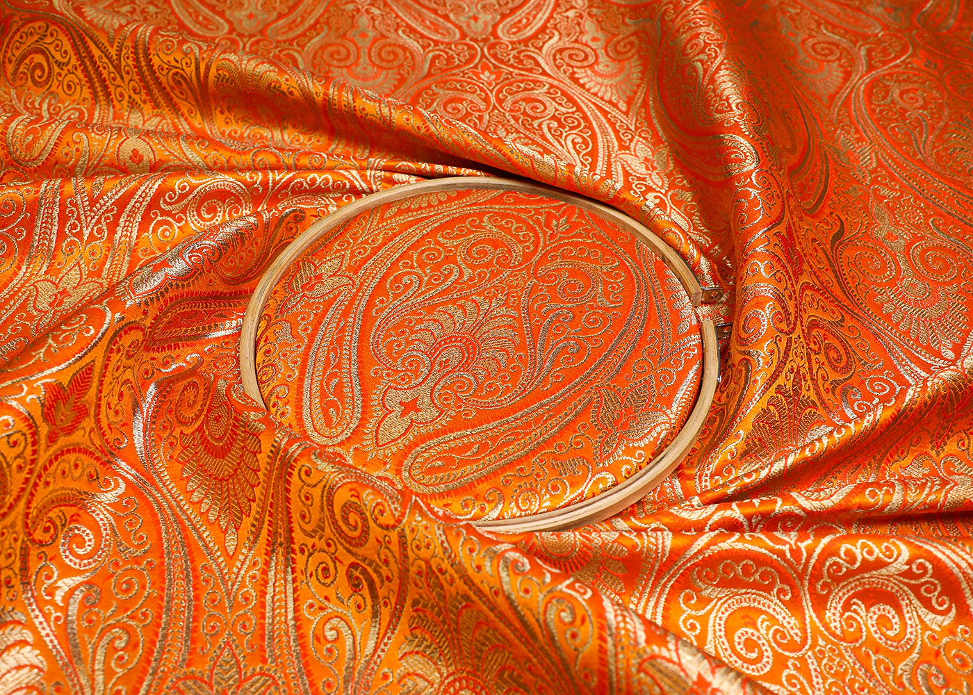 Orange Banarasi Brocade Fabric With All Over Golden Zari Handloom 19458