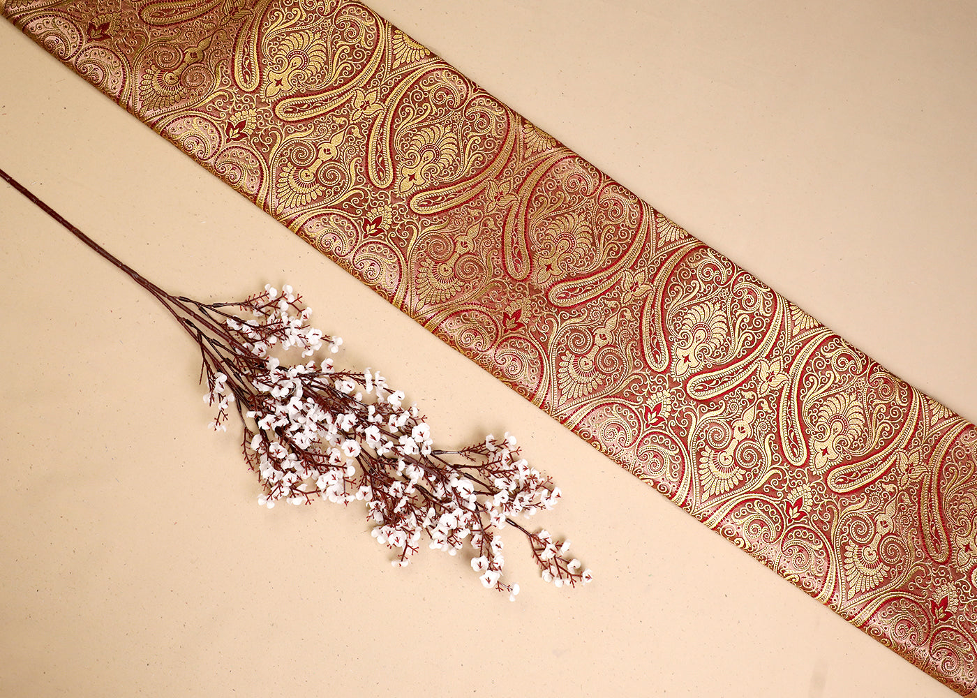Rose Gold Banarasi Brocade Fabric With All Over Golden Zari Handloom 19459