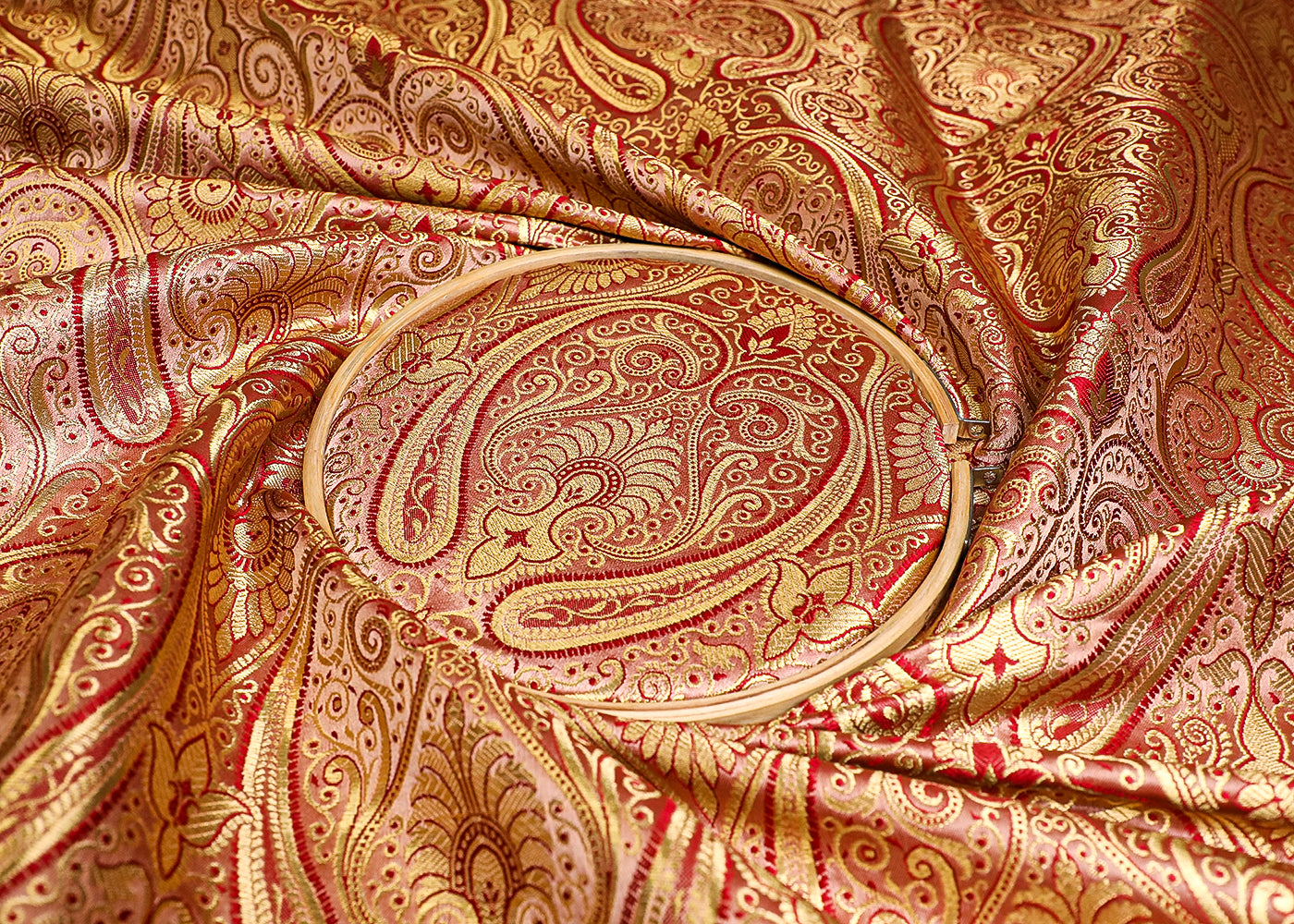 Rose Gold Banarasi Brocade Fabric With All Over Golden Zari Handloom 19459