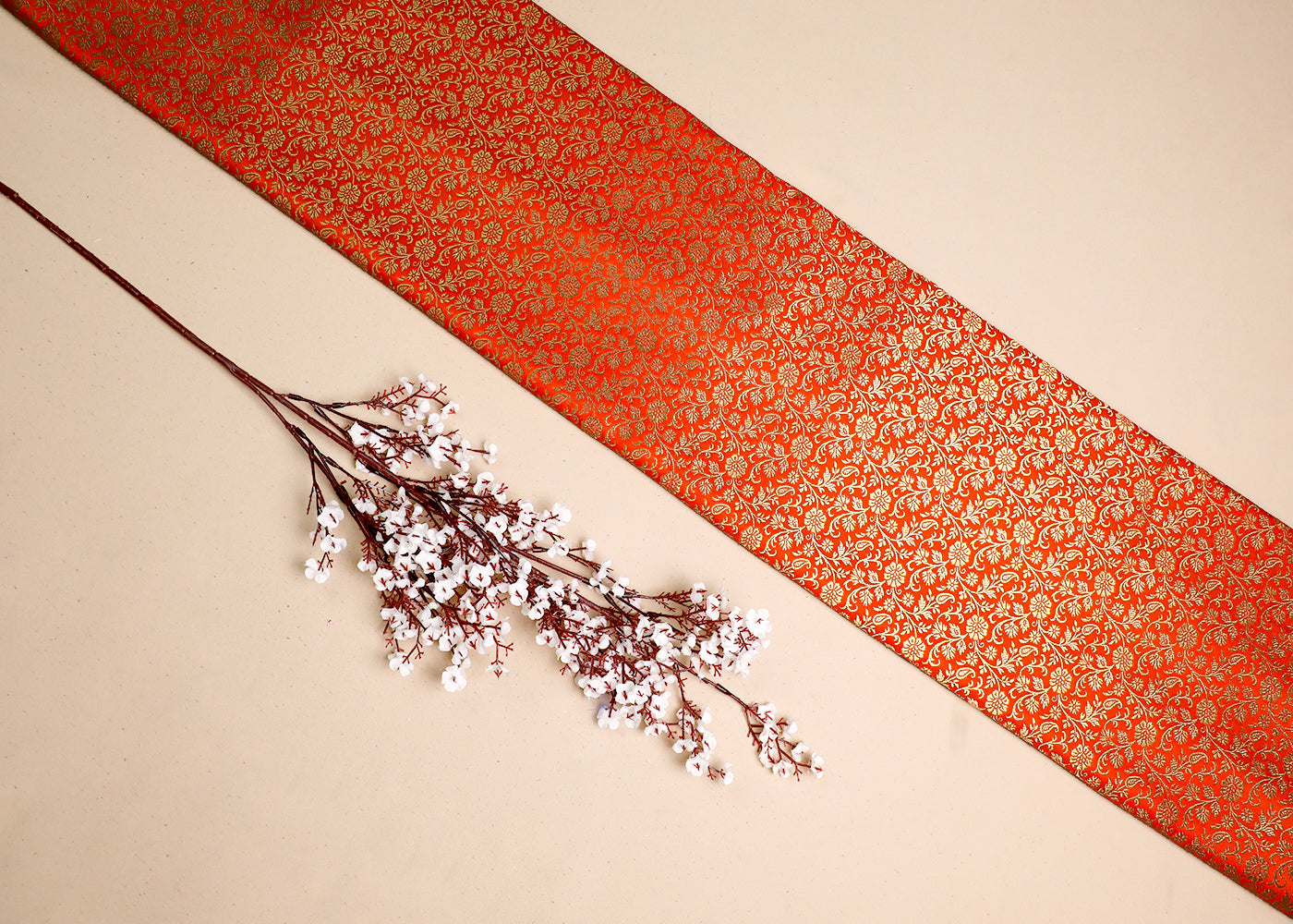 Orange Banarasi Brocade Fabric With All Over Golden Zari Handloom 19461