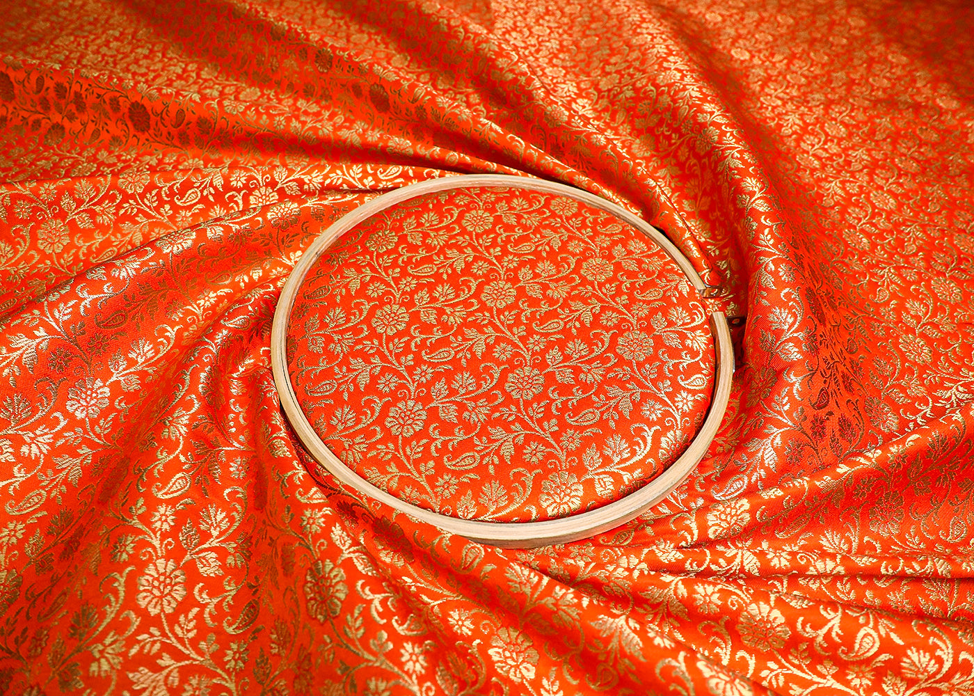 Orange Banarasi Brocade Fabric With All Over Golden Zari Handloom 19461