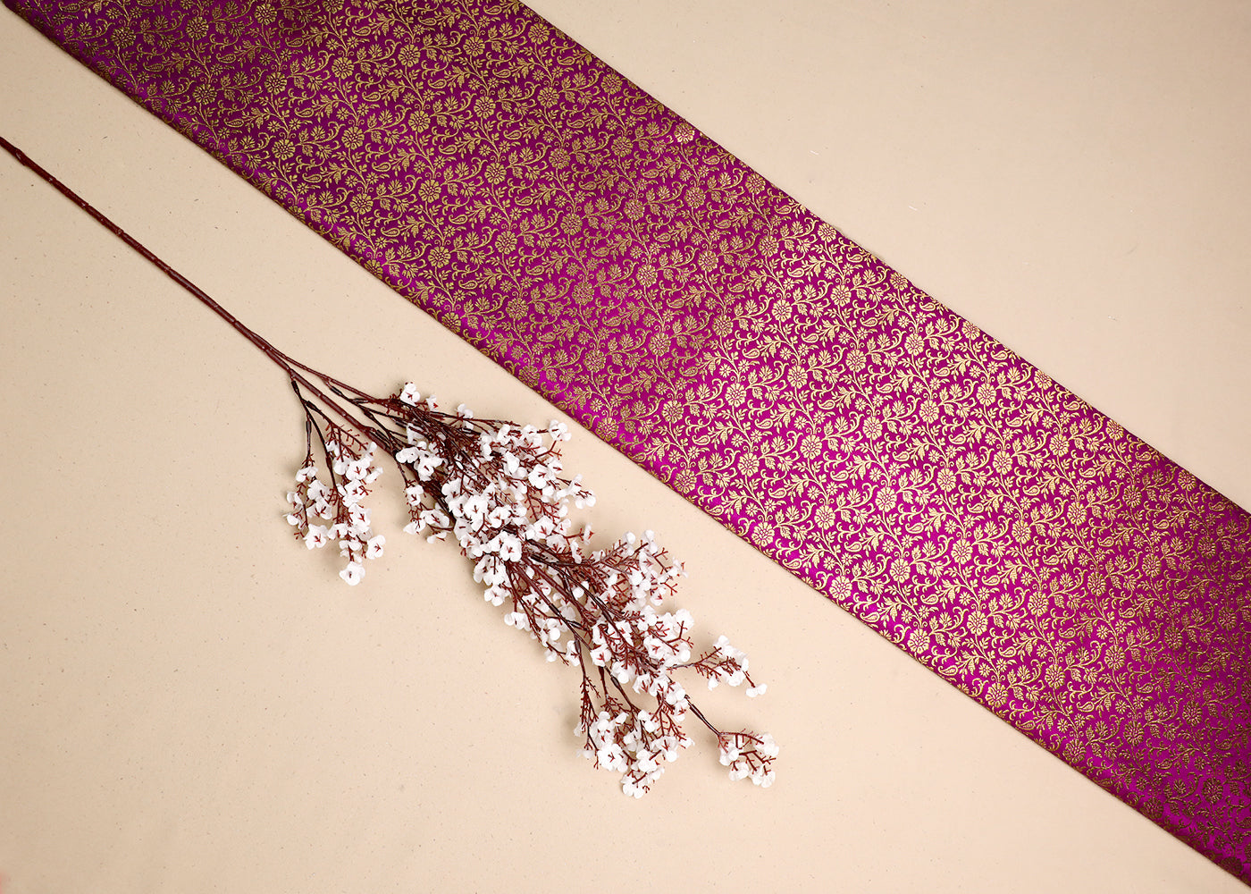 Purple Banarasi Brocade Fabric With All Over Golden Zari Handloom 19462