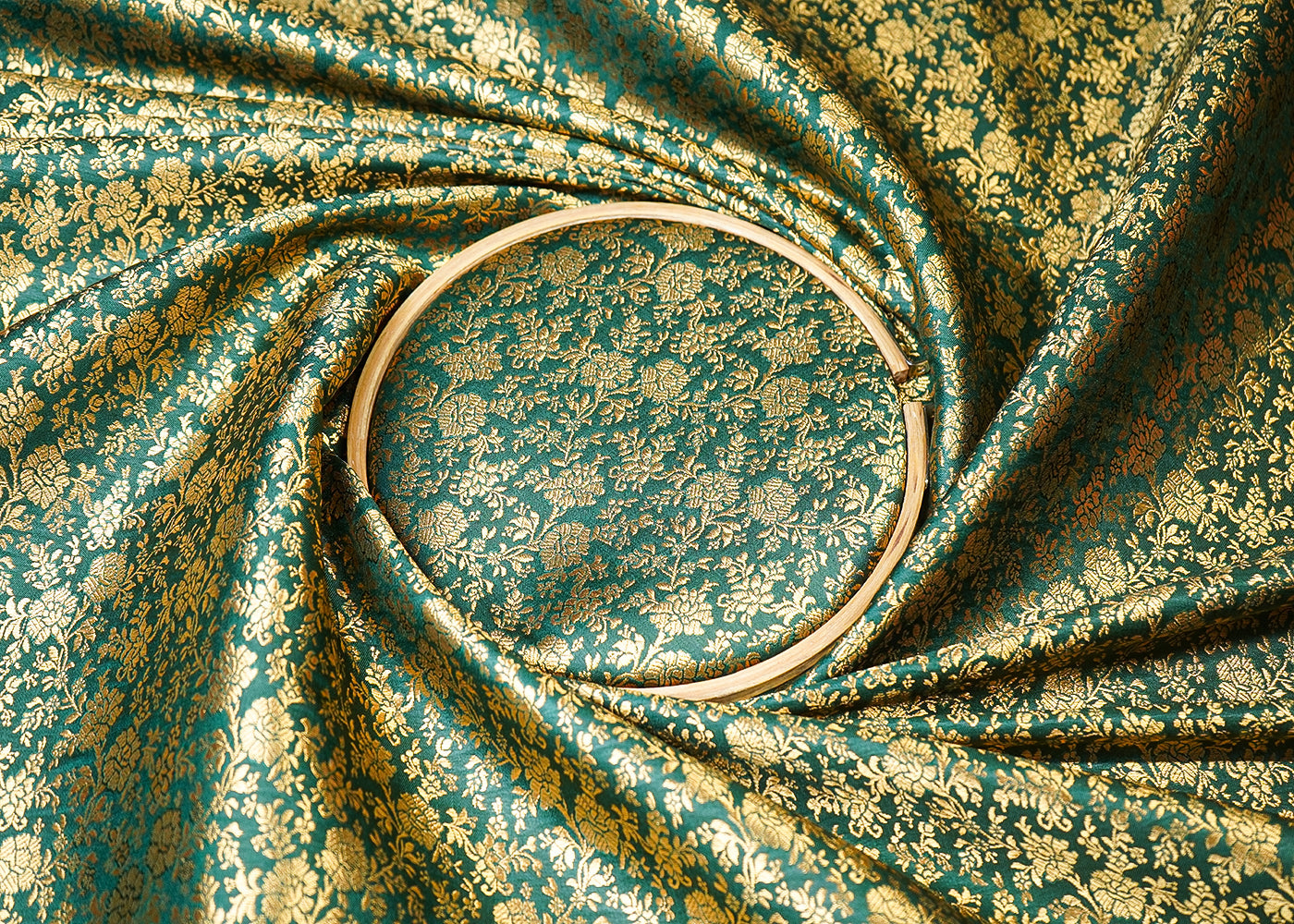 Green Banarasi Brocade Fabric With All Over Golden Zari Handloom 19463