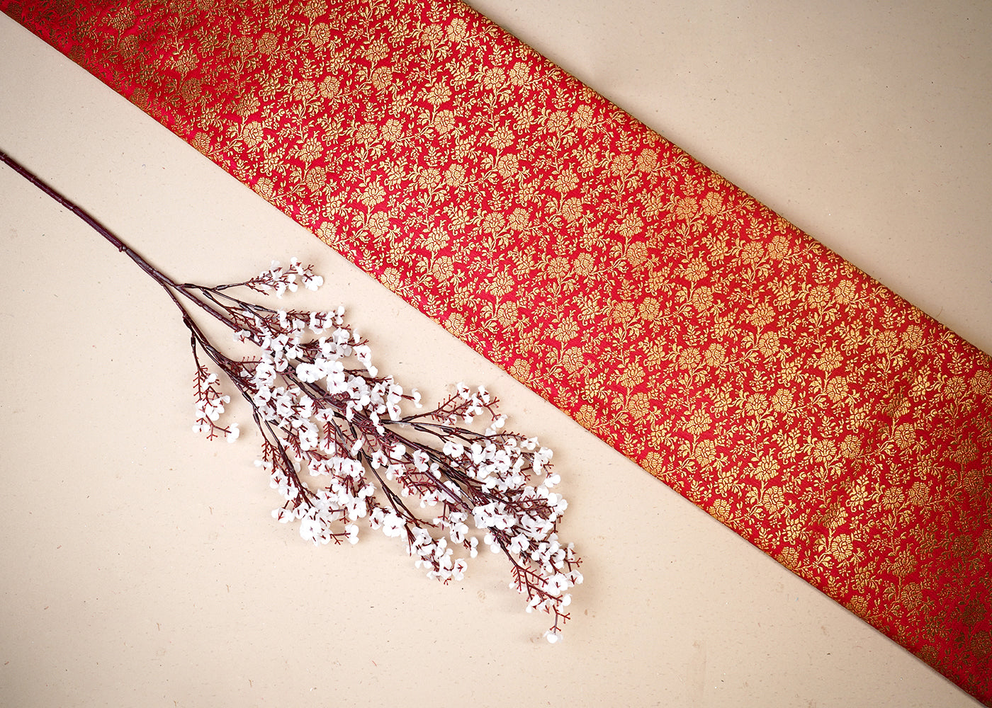 Red Banarasi Brocade Fabric With All Over Golden Zari Handloom 19464