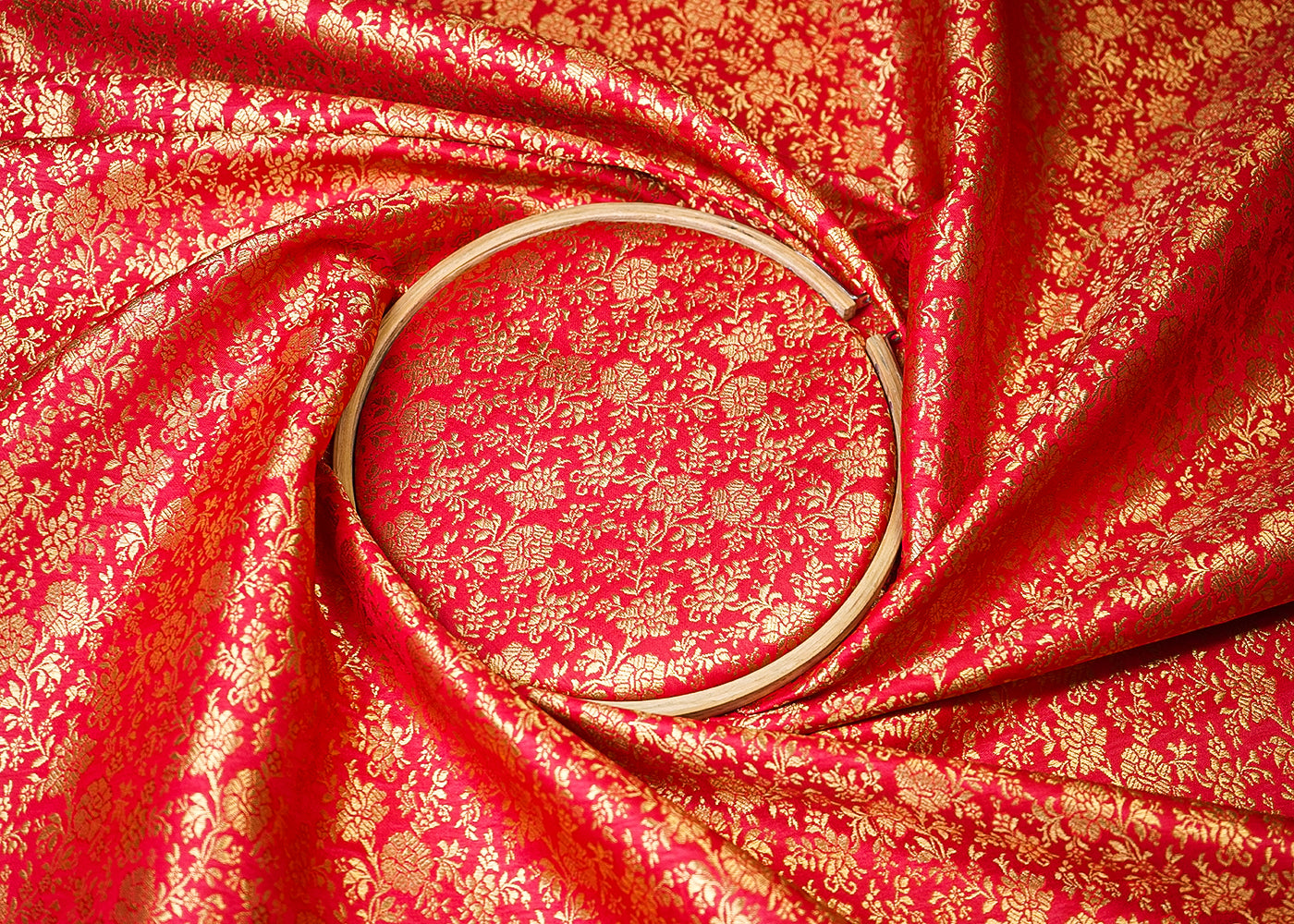 Red Banarasi Brocade Fabric With All Over Golden Zari Handloom 19464